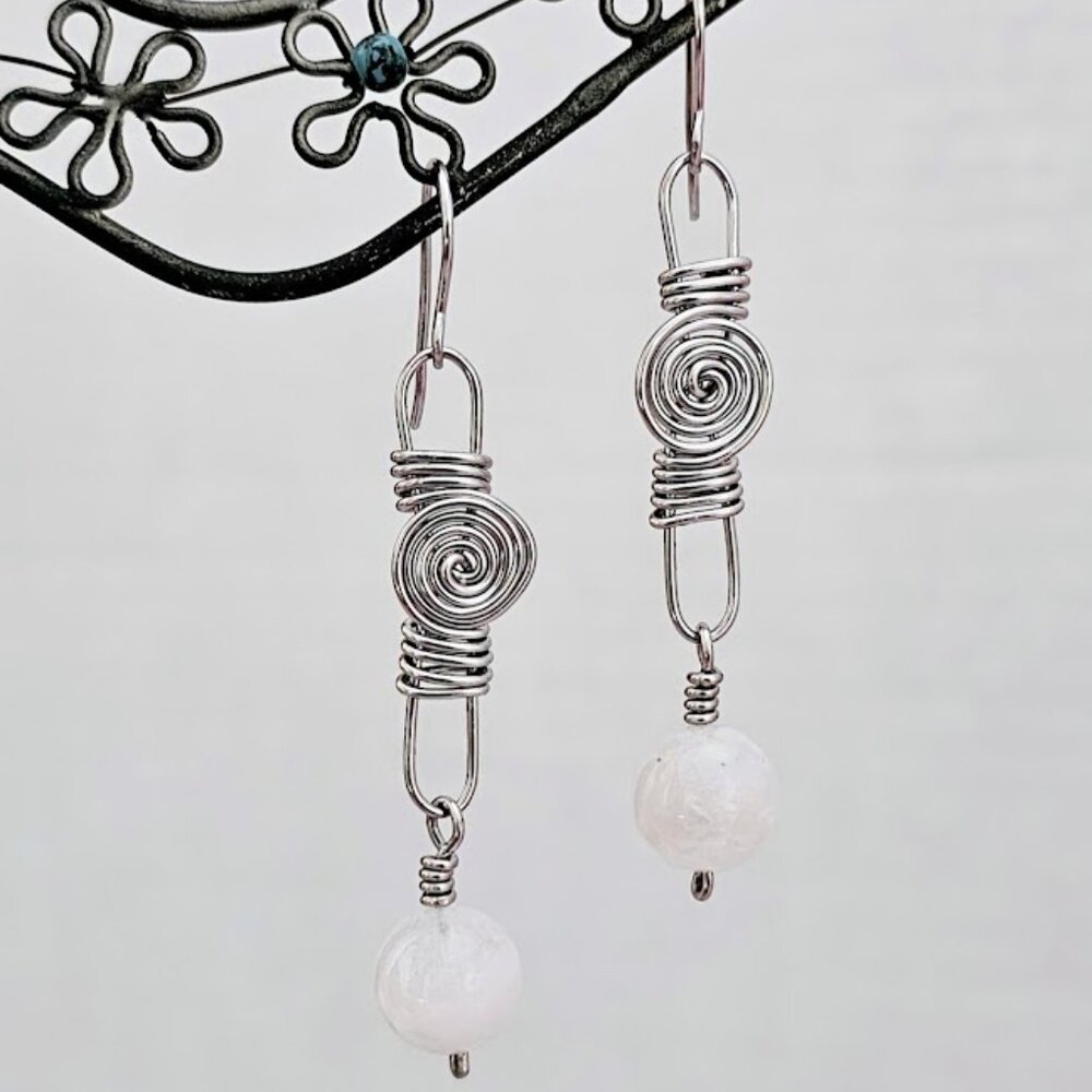 Handmade Rainbow Moonstone Gemstone Silver Tone Spiral Wire Dangle Boho Earrings